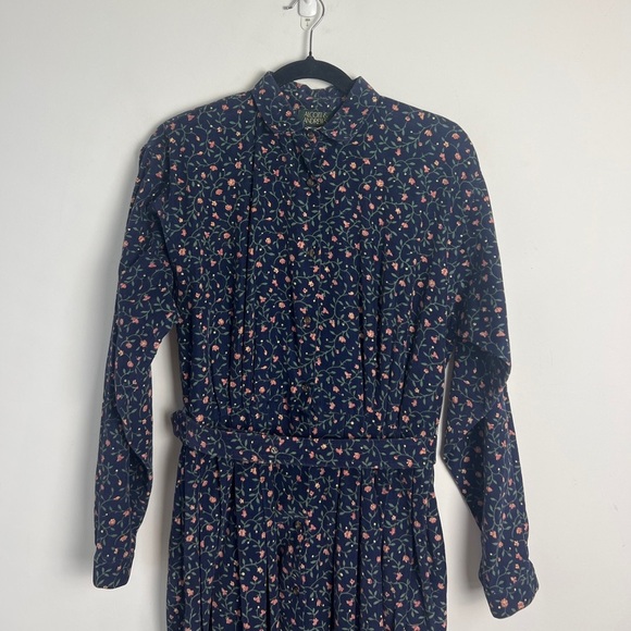 Vintage Alcott & Andrews Navy Blue Pink Ditsy Floral Corduroy Pleated Dress Sz 8 - Picture 3 of 10